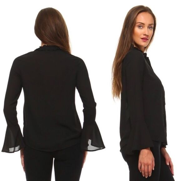 Chiffon Black Bell Sleeve Button Down Blouse - Picture 3 of 6